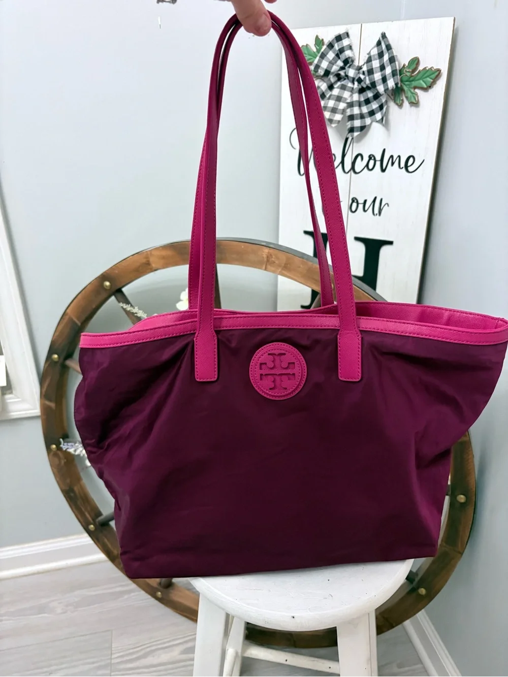 Tory Burch Plum Tote with Pink Trim